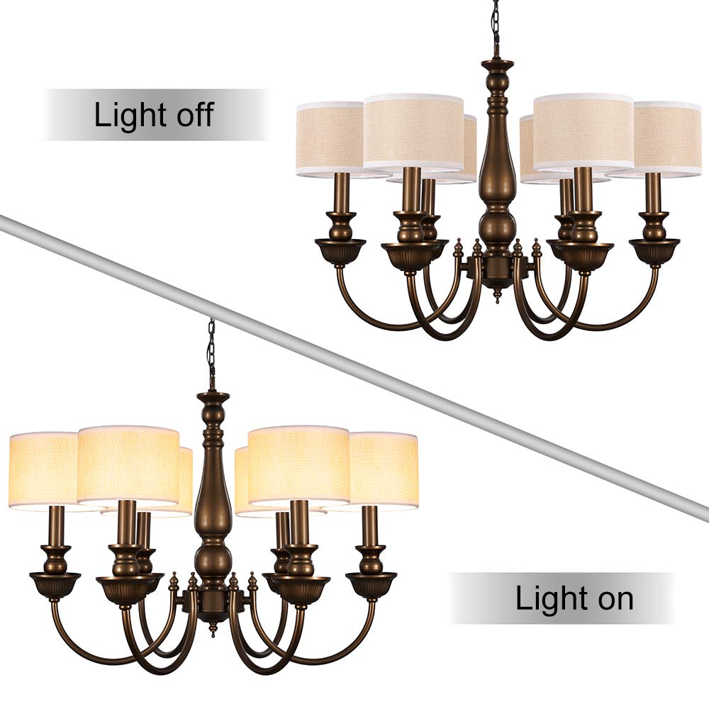 Wellmet Small Brown Chandelier Lamp Shades Set of 6, Rustic Linen Drum, 5.5"x5.5"x4", Hardback Clip-On for E12 Bulbs