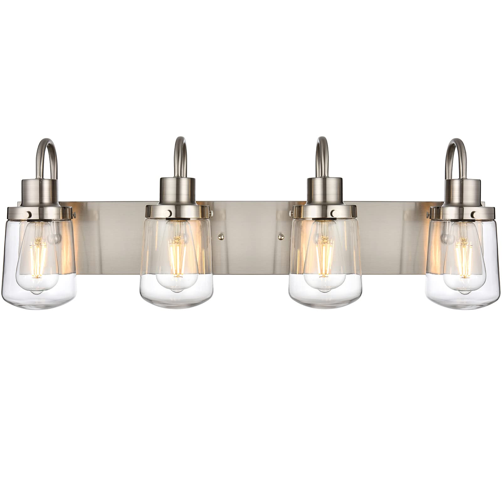 Yaohong 4-Light Modern Bathroom Vanity Light, Satin Nickel Farmhouse Fixture With Glass Shades