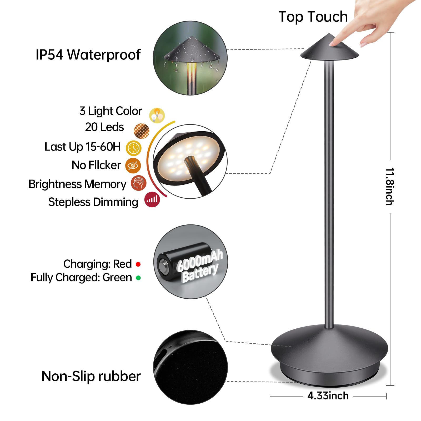 XMINKDZA Portable LED Cordless Table Lamp 2 Pack, Rechargeable 6000mAh, IP54 Waterproof, Dimmable, Grey Aluminum Metal