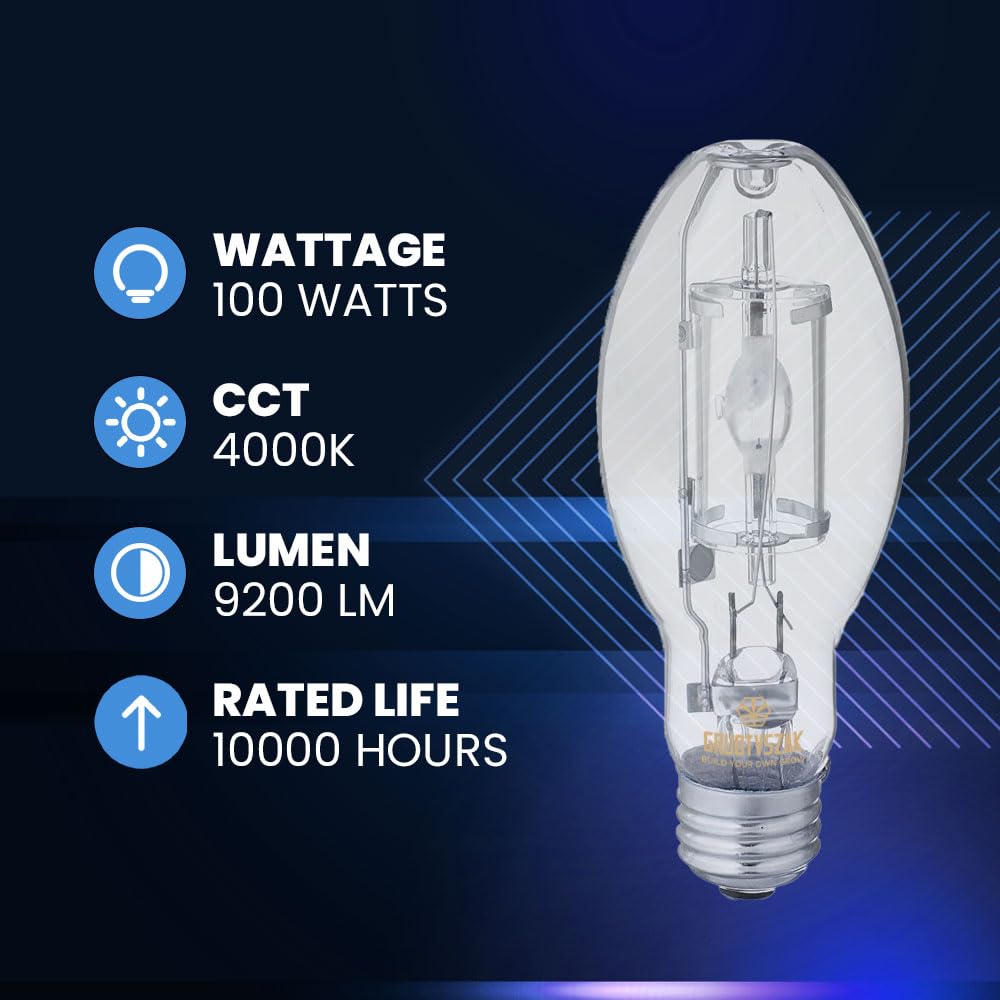 Gruotvszak Protected Mp100/U/Med 100 Watt Metal Halide Edx17, Medium Base(E26), Dusk To Dawn Bulb, 4000K, 9200 Lumen, Ansi Code