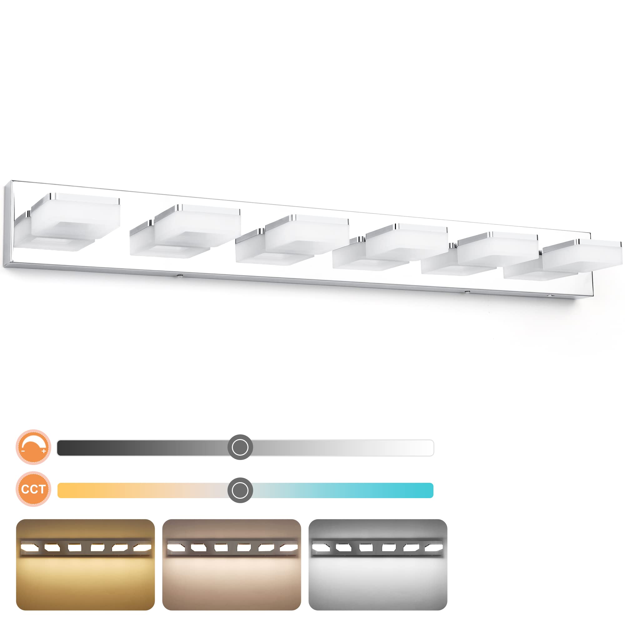 Goodate 3 Color Dimmable 6 Light Chrome Led Vanity Light Fixture For Bathroom, Adjustable 3000K-6000K