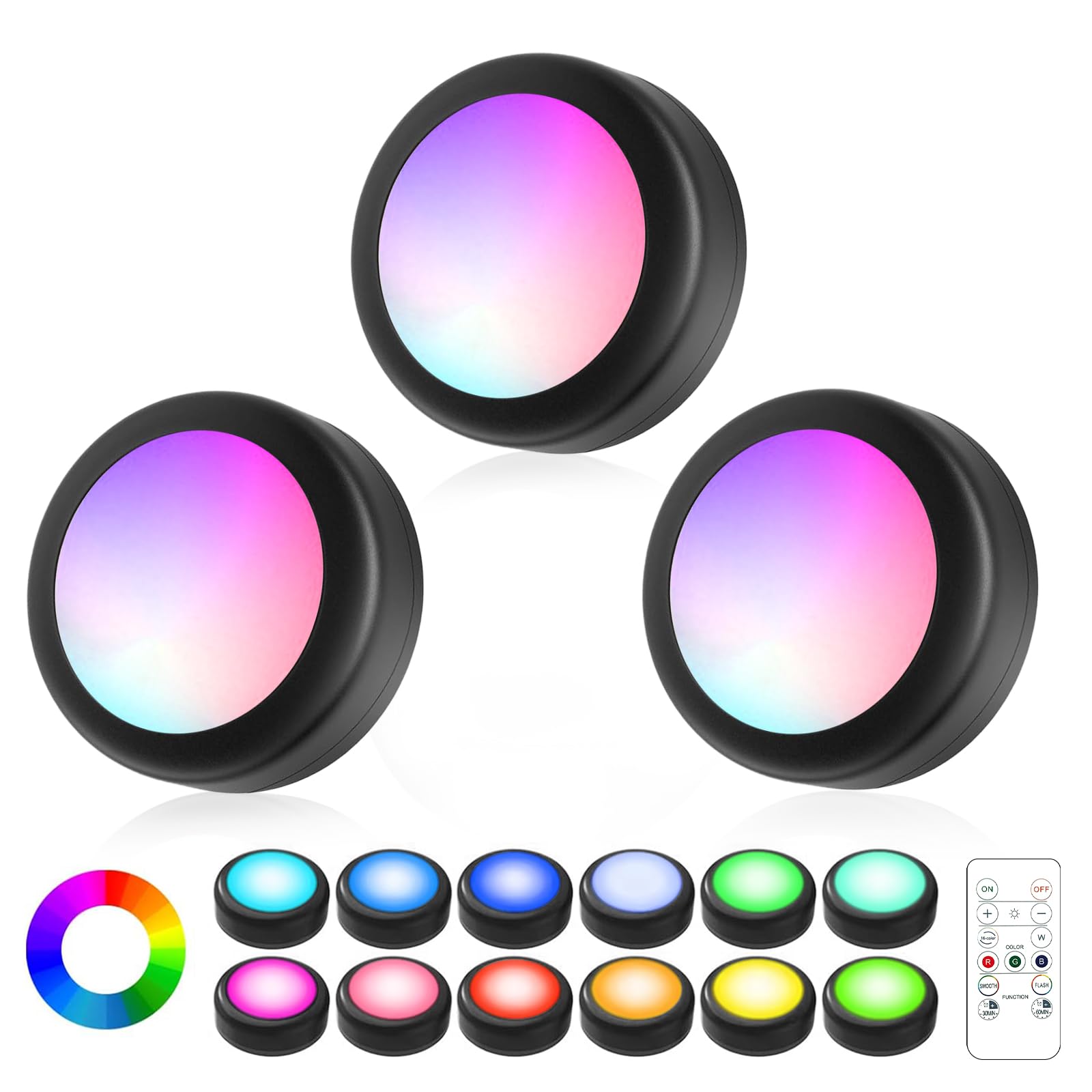 Lilampts LED Puck Lights, Wireless Under Cabinet Lighting, Color Changing, Dimmer & Timer, 3 Pack, Black