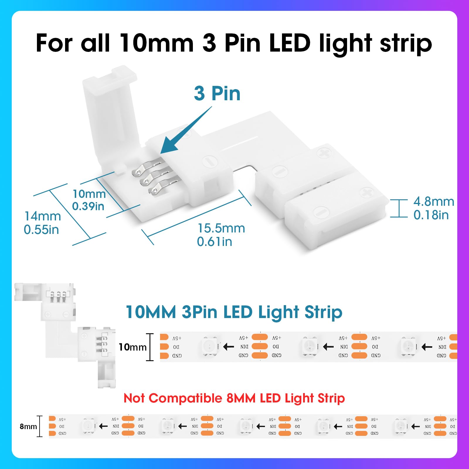Wenhsin 10-Packs L Shape 3-Pin Led Connectors For Led Strip Lights 10Mm Width Unwired Gapless Solderless Adapter Extension