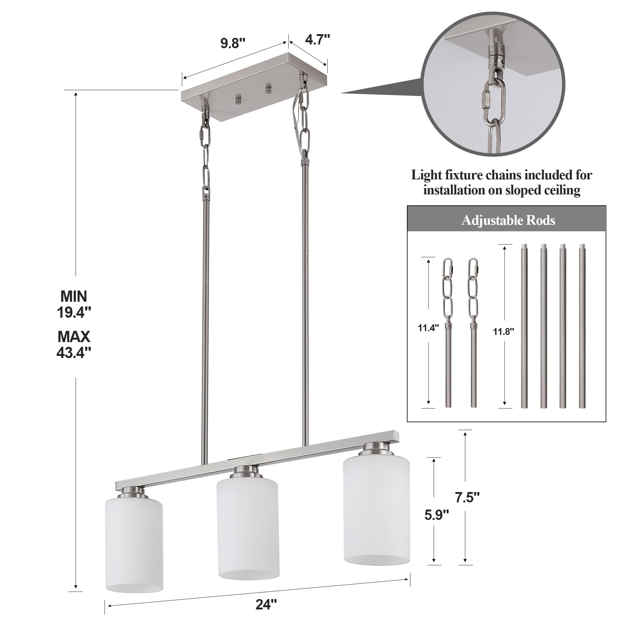 Mecgirn Island Light For Kitchen  Brushed Nickel Dining Room Light Fixture Over Table With Milk Glass Shade  3-Light Linear Chandelier Pendant Lighting For Dining Table Kitchen Island Living Room