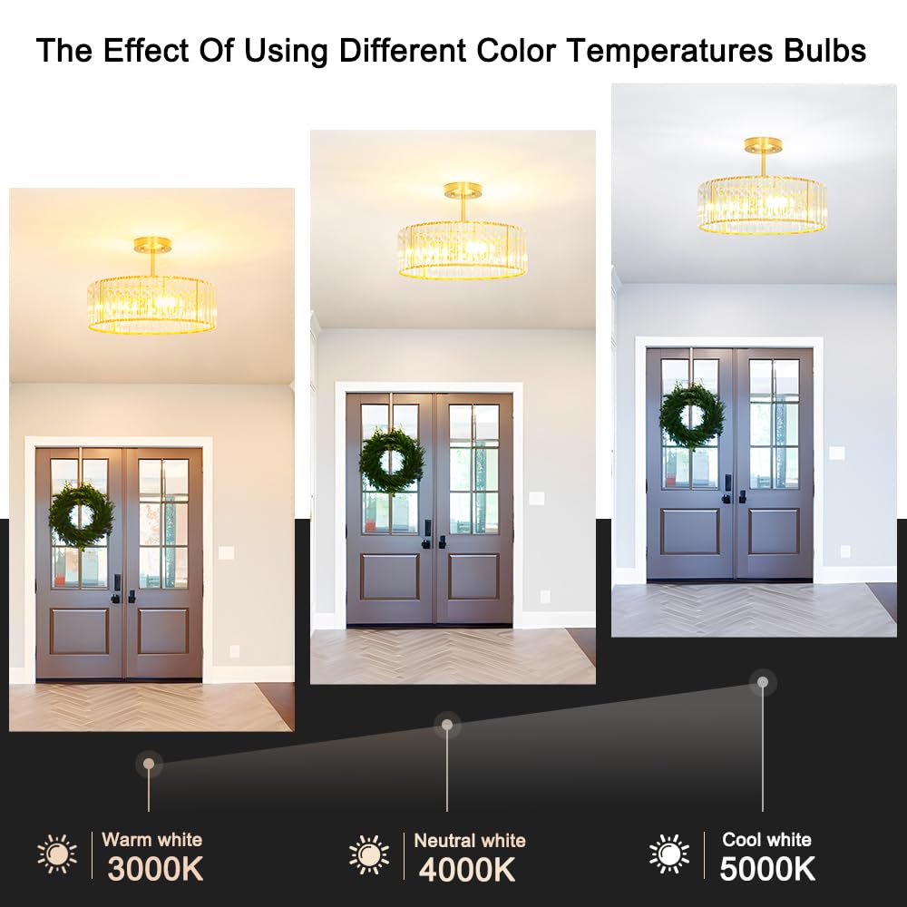 Modern Crystal Ceiling Light Fixture  Semi Flush Mount Ceiling Light  Brushed Brass Hallway Lighting Fixtures Chandelier  Crystal Chandelier For Kitchen Bedroom Dining Room Closet  5-Light  16 Inch