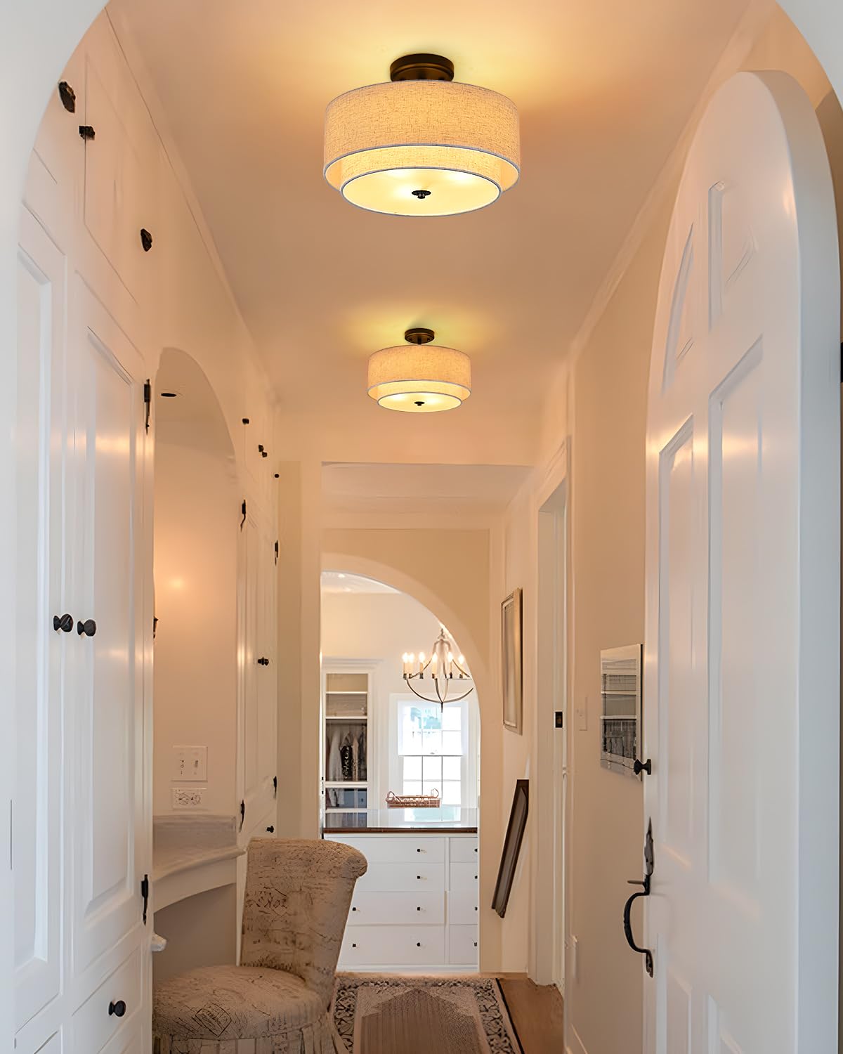 3-Light Semi Flush Mount Ceiling Light Fixture, 16" Black Drum Light Fixture With 2-Laye Fabric Shade Lamps, Modern Close To Ceiling Light For Bedroom Living Dining Room Kitchen Hallway Entryway