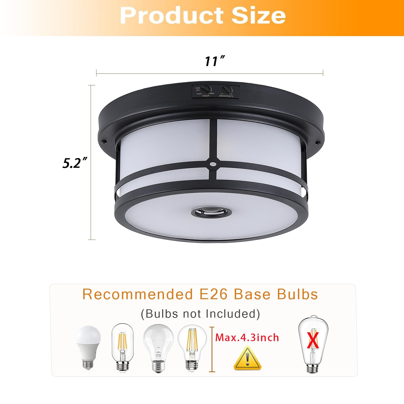 Vexagyle Outdoor Flush Mount Motion Sensor Ceiling Light,2-Light Industrial Porch Lights Ceiling Mount Black Finsh With Clear Fr