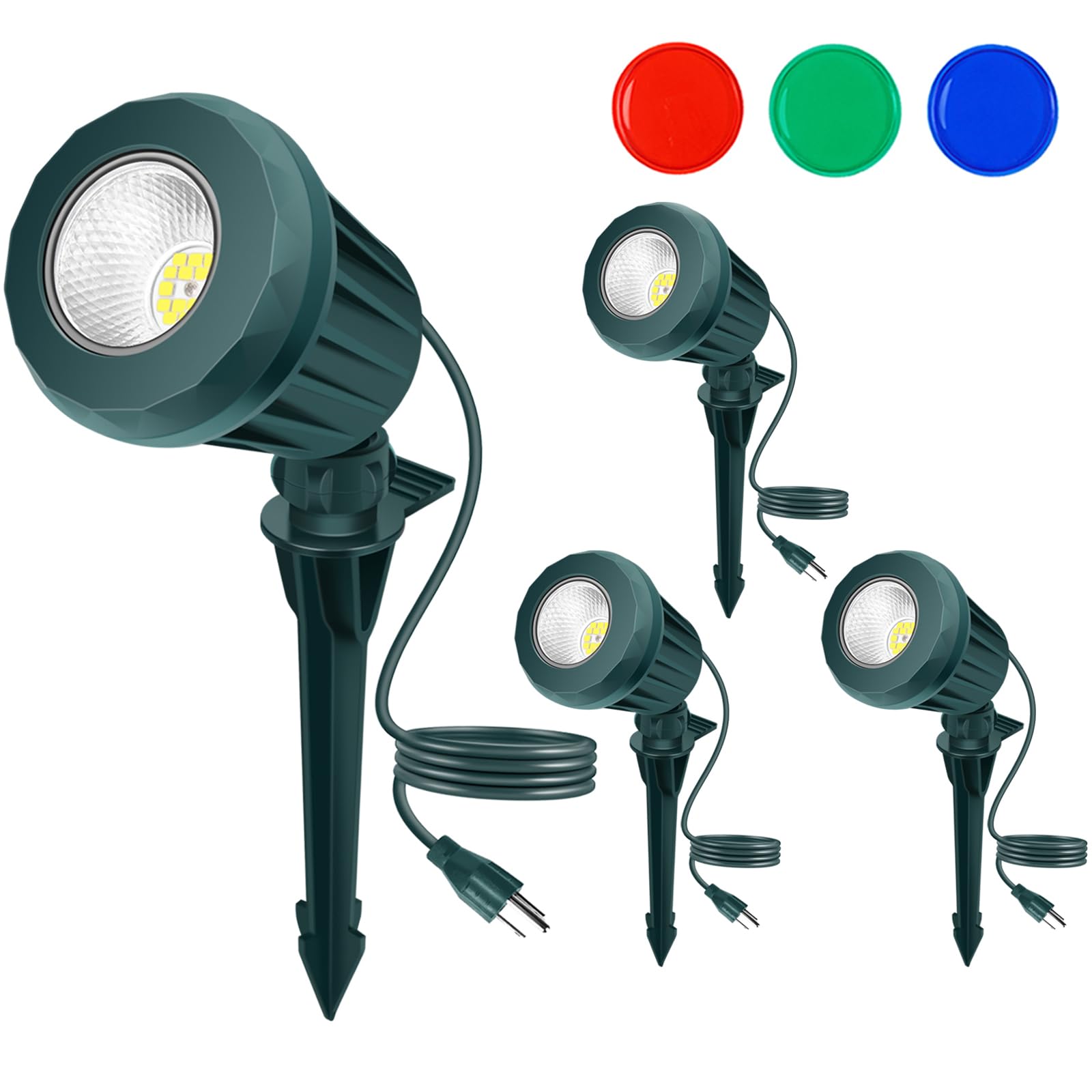 Holeva Spotlight Outdoor, 2700K Warm White Led Landscape Spot Lights With Rgb 3 Multicolor Lenses, Ip67 Waterproof, 120V Plug-In For Holiday & Everyday Decor In Yard Garden Lawn Tree(4 Pack, Green)