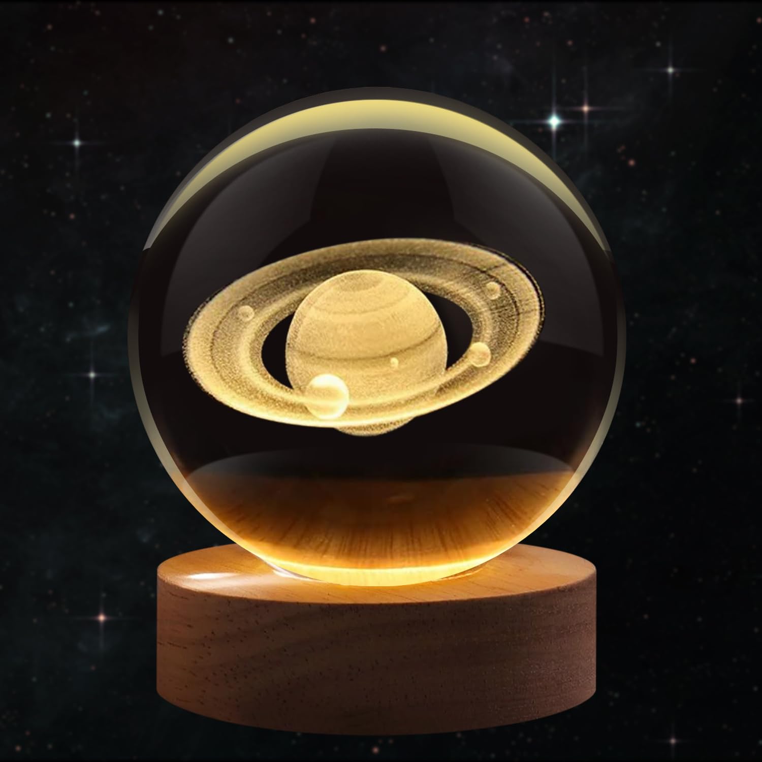 Flexzion 3D Saturn Crystal Ball Night Light - LED Light Hologram Glass Lamp with Solid Wood Base, USB Powered Crystal Ball Lamp 