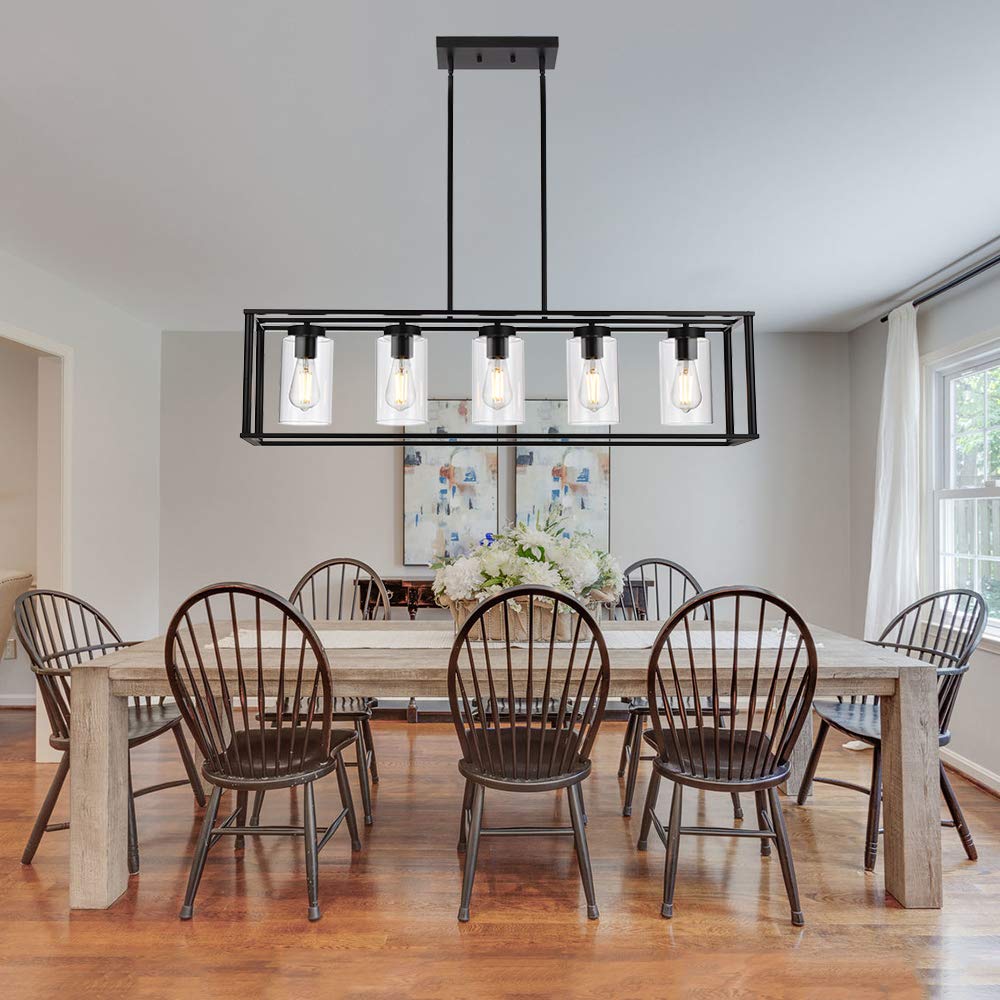VINLUZ Farmhouse Black 5-Light Chandelier - Metal Kitchen Island Pendant Light with Glass Shade, Model 1811-5-BL