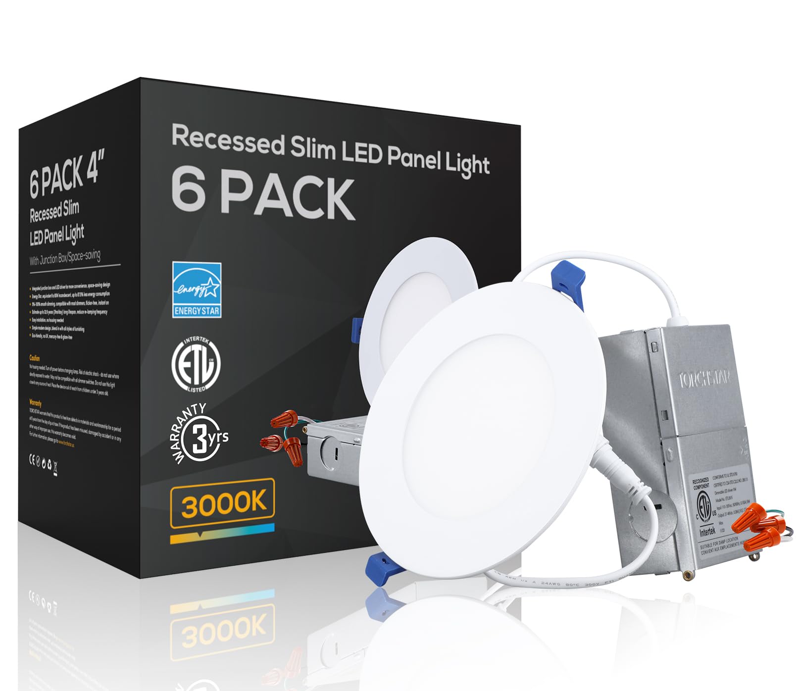 TORCHSTAR 4 Inch Slim Recessed Lighting, 10W 700LM Dimmable LED Downlight, Warm White 3000K, ETL & Energy Star, Pack of 