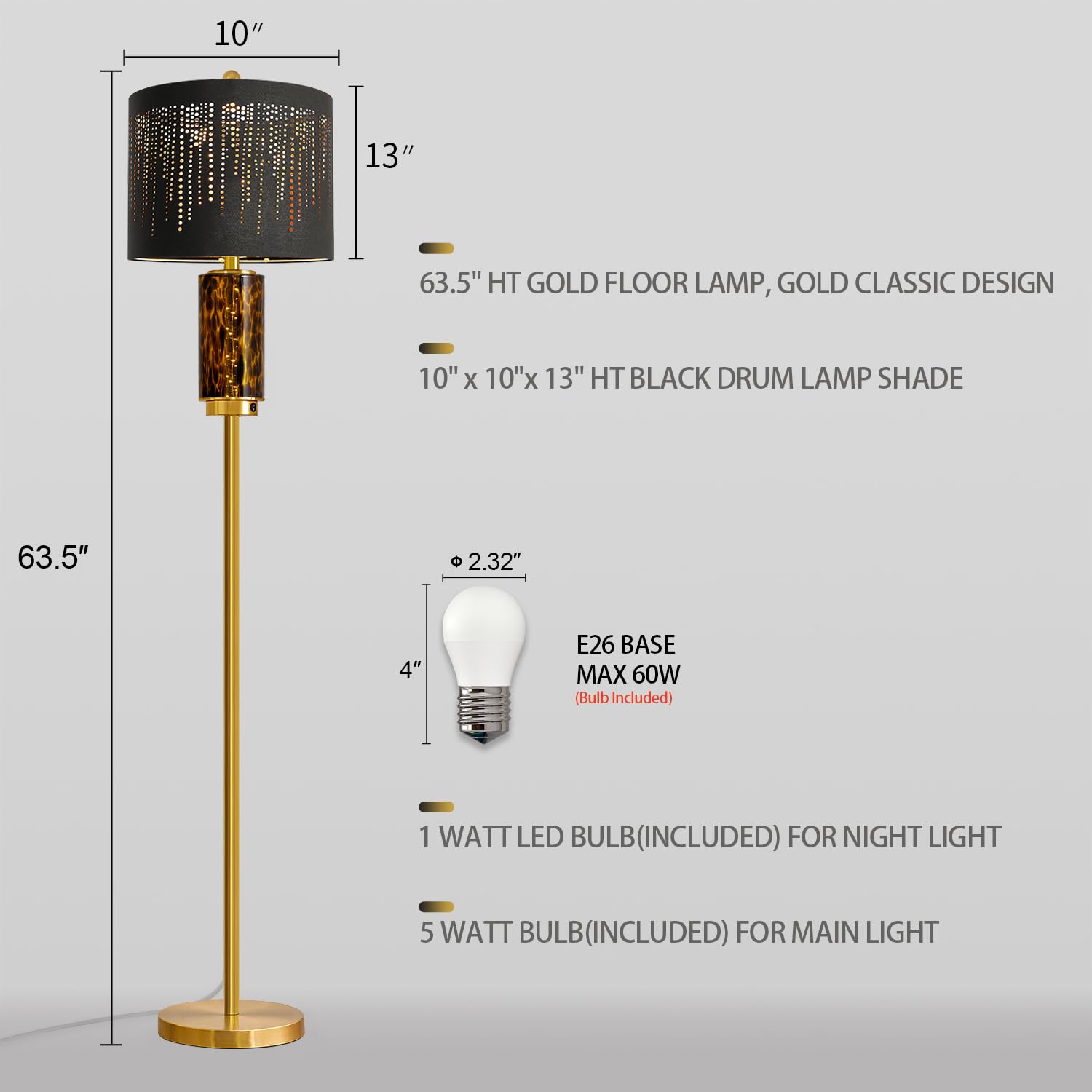 Oneach 63.75'' Floor Lamp For Living Room, Modern Gold Lamp With Led Leopard Glass Night Light, Vintage Standing Lamp, Black Lam