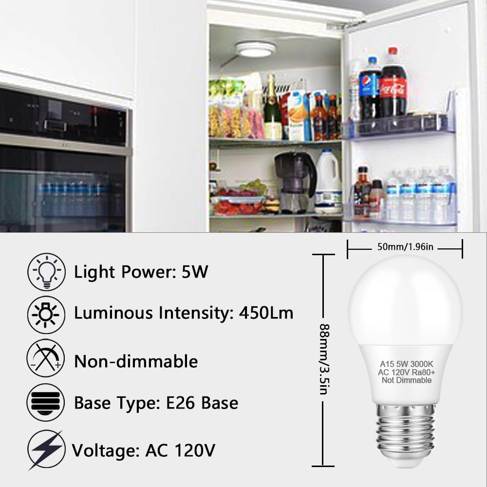 Neteha 12 Pack A15 5W 120V E26 Base Led Refrigerator Light Bulb, Non-Dimmable 50W Equivalent 3000K Warm White Led Appliance Ligh