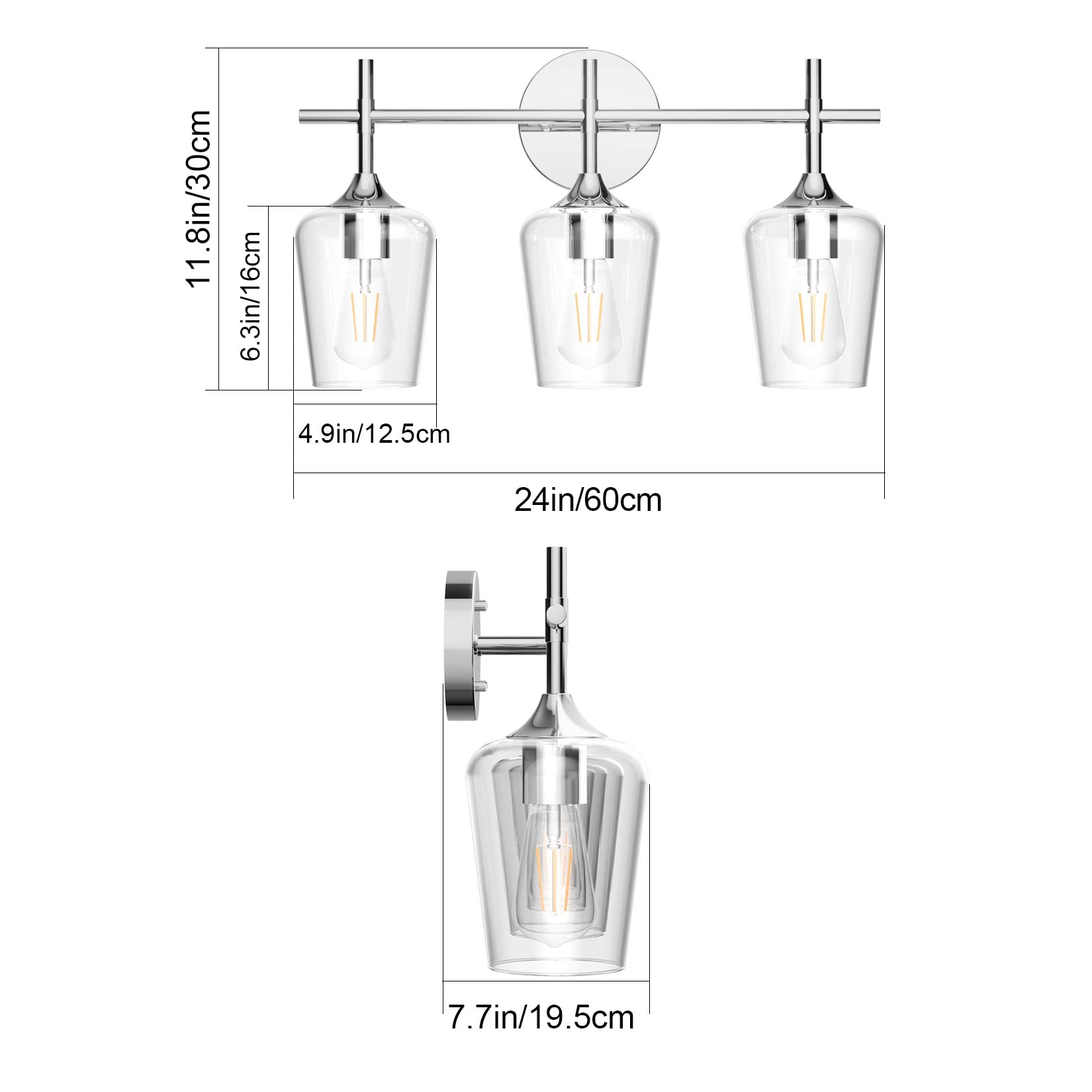 Ralbay Vintage 3-Light Vanity Light Fixture, Chrome, Glass, Model 2031, Industrial Style Bathroom Lighting Over Mirror