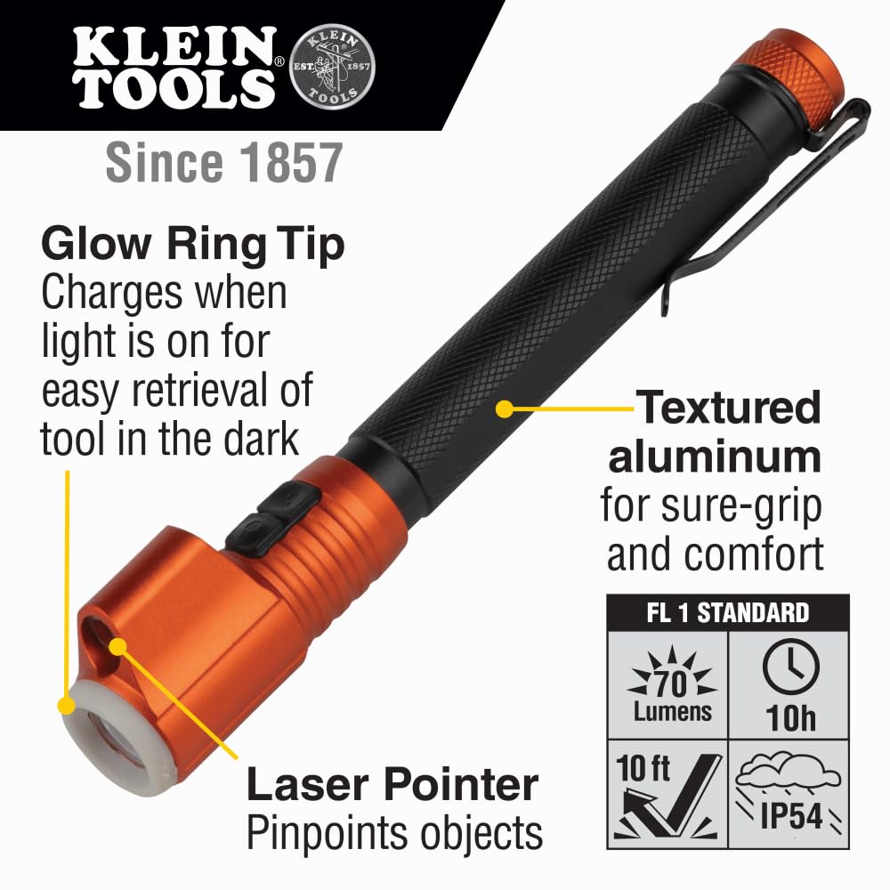 Klein Tools 56026R Flashlight & Penlight with Red Laser Pointer, LED, Glow-in-Dark, Orange/Black