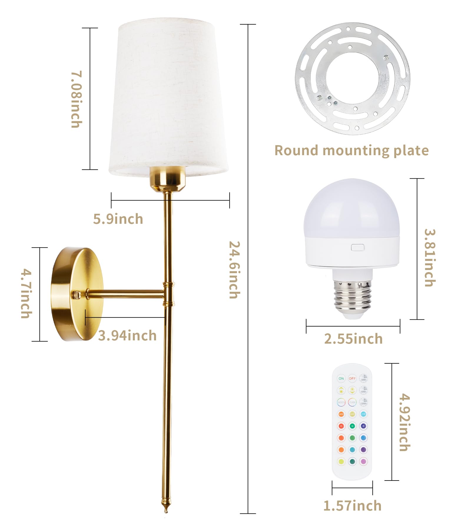 Qiandenghui Battery Operated Wall Sconce Set of 2, 12RGB Colors Light Bulb & Remote Control, Wireless Wall Light with Rechargeab
