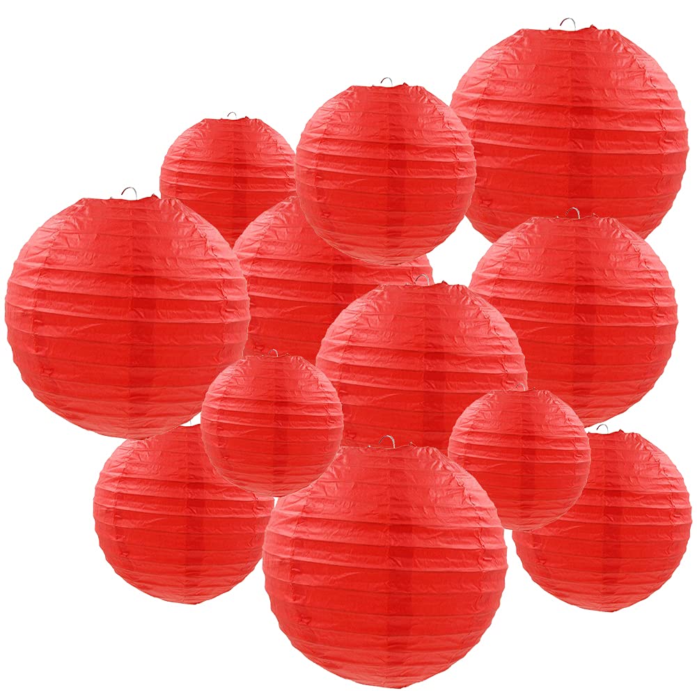 Famolay Red Paper Lanterns 12 Pcs Assorted Size of 6'' 8'' 10'' 12'' Chinese Round Paper Hanging Decorations Ball Lanterns Lamps