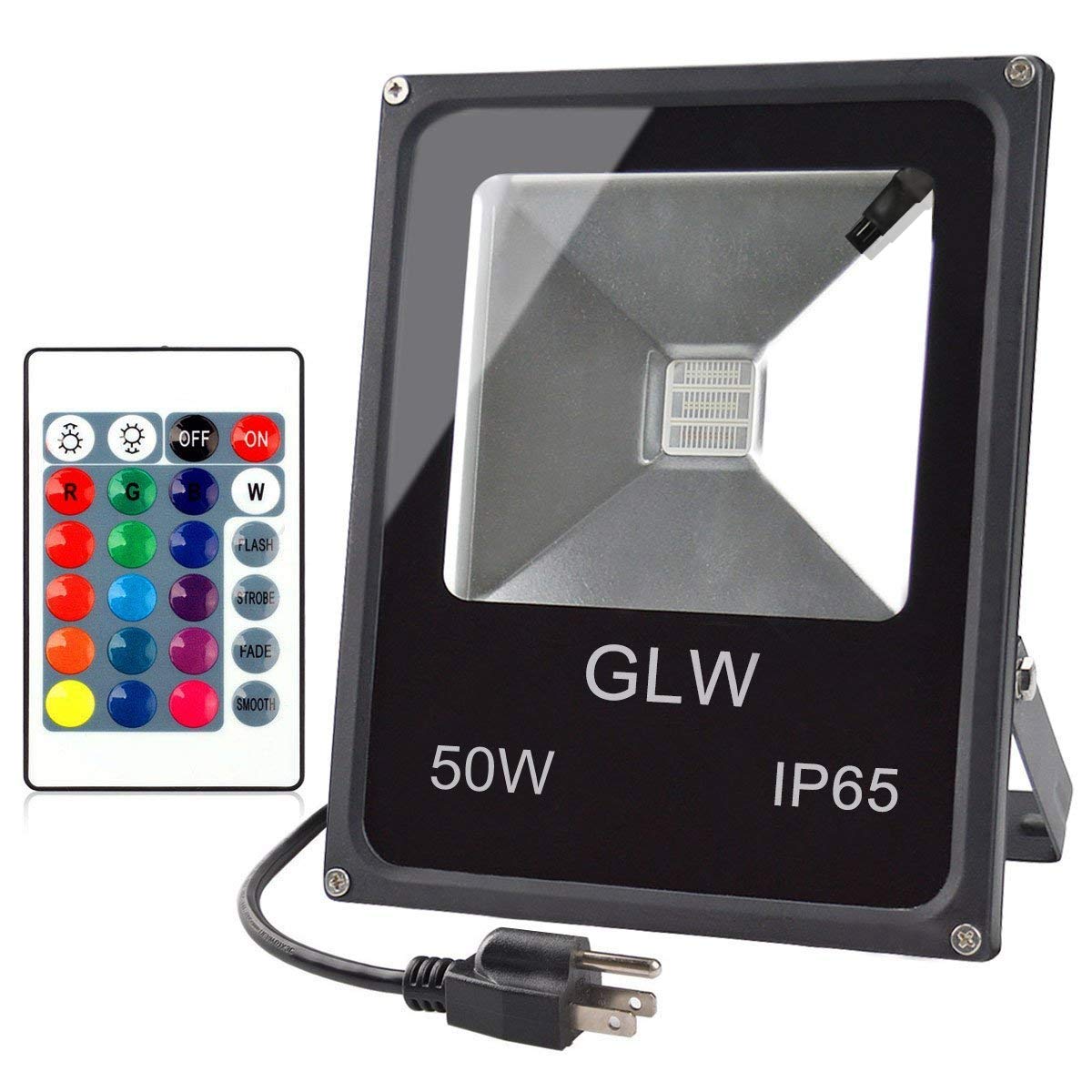 GLW RGB LED Flood Lights,50W Outdoor Super Bright Spotlight,High Power 16 Colors Remote Control Floodlight,4 Modes with US 3-Plu