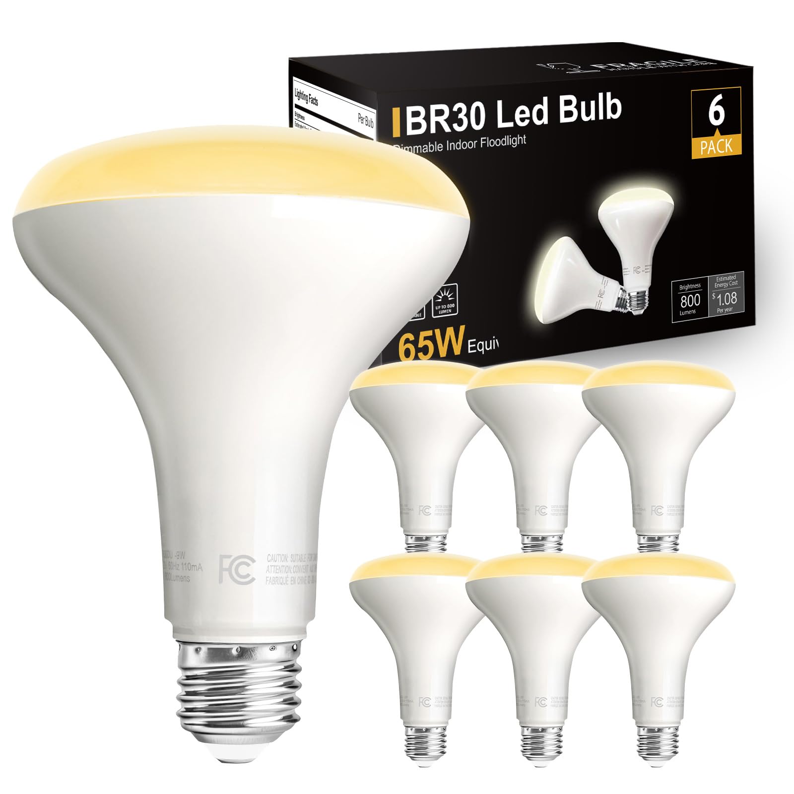 Dalattin 6 Pack Br30 Led Bulbs 65W Equivalent, Dimmable Indoor Flood Lights Bulb, E26 Base, 2700K Warm White, 9W, 800 Lm, Recess