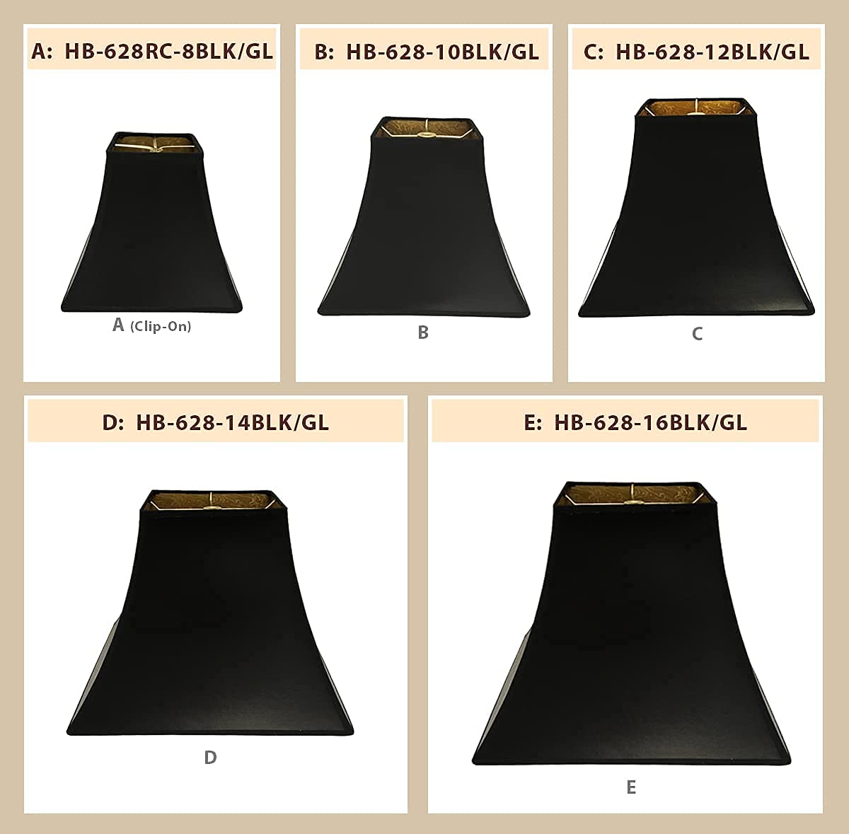 Royal Designs, Inc Hb-628-14Blk/Gl Black Royal Designs 14&quot; Square Bell Hardback Lamp Shade With Ponyhair Gold Lining (7 X 7) X (14 X 14) X 11.5