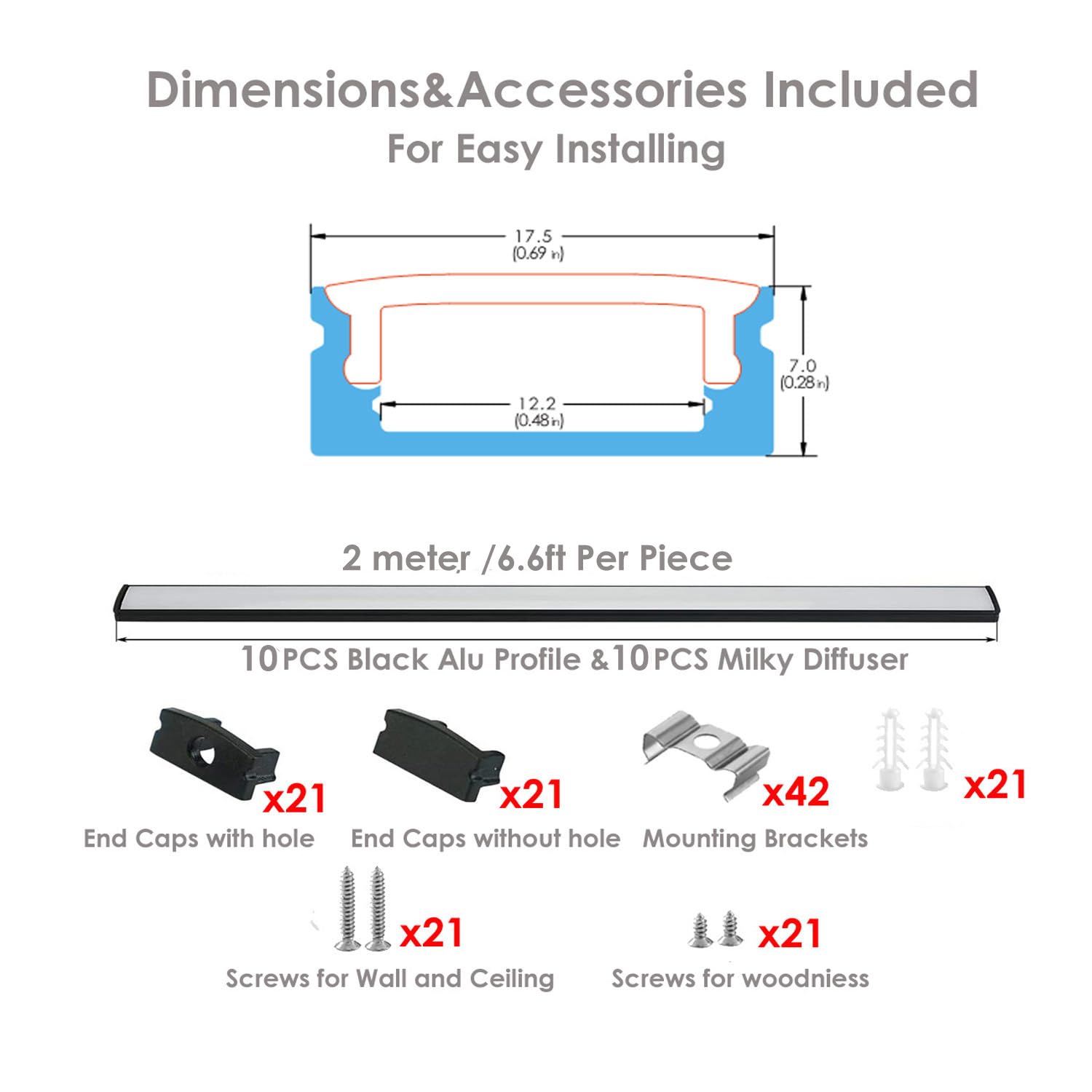 Besseto 10Pack 6.6Ft/2M Black Led Aluminum Channel,Led Strip Light Diffuser Aluminum Channel Profile Housing Extrusion For Under Cabinet Counter And Stairs (Black-10Pack 6.6Ft)