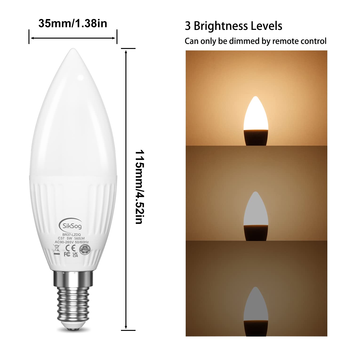 E12 Led Bulb Color Changing Candelabra Light Bulb With Remote Control,50W Incandescent Equivalent,560 Lumen,Warm White 2700K + 1