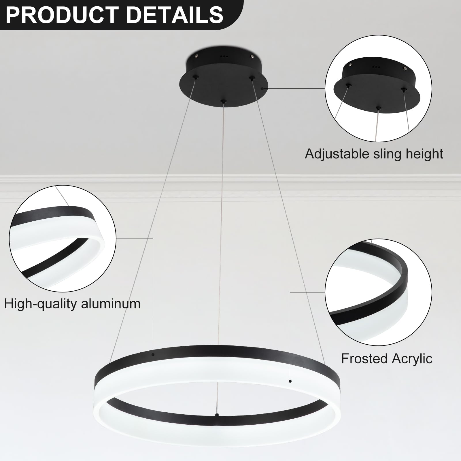 Buccleuch Black LED Chandelier, Dimmable 19.7" Round Pendant Light for Dining Room, Height Adjustable Acrylic Ceiling Fixture
