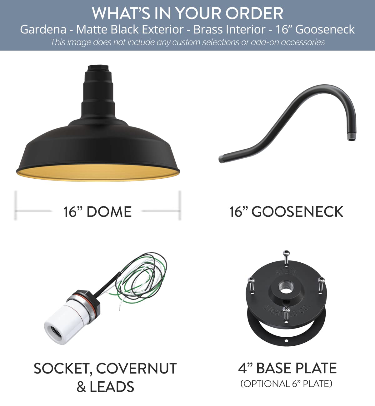 Steel Lighting Co. Gardena Barn Light - 16 Gooseneck Outdoor Wall Mount - Steel, Matte Black With Brass Interior