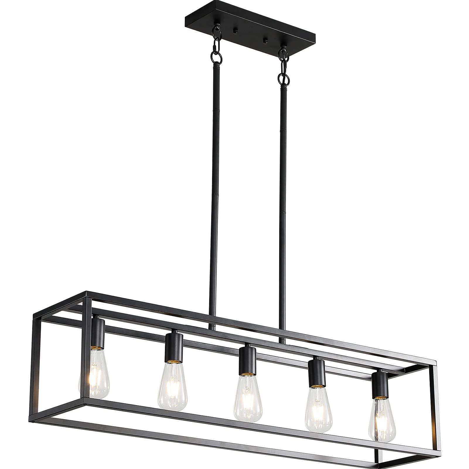 Black Farmhouse Kitchen Island Lighting, Modern Industrial Chandelier, 5-Light Linear Rectangular Pendant Light Fixtures For Farmhouse Kitchen Dining Room Bar Foyer(Metal, Height Adjustable)