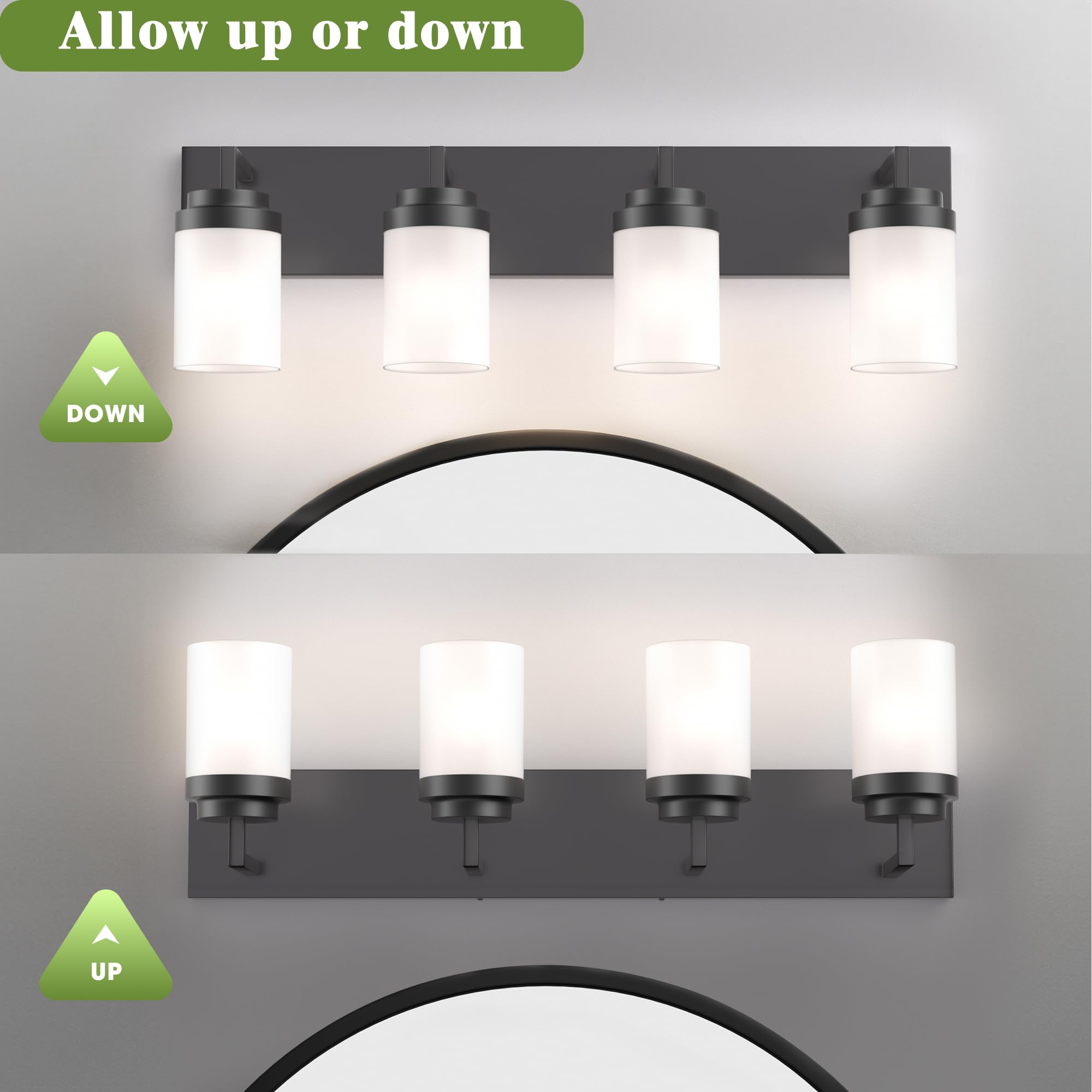 Espird Bathroom Vanity Light - 4 Light Matte Black Fixture with White Glass Shade, 30in Farmhouse Style, Model EL-DBB-B-4