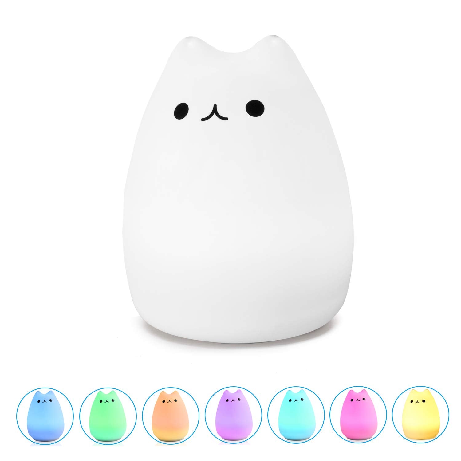 Wonenice Cute Kitty Night Light, Rechargeable Silicone Cute Lamp With Warm White & 7-Color Breathing Modes, Touch Sensor Control, Gift For Women Teen Girls Kids Toddler Baby