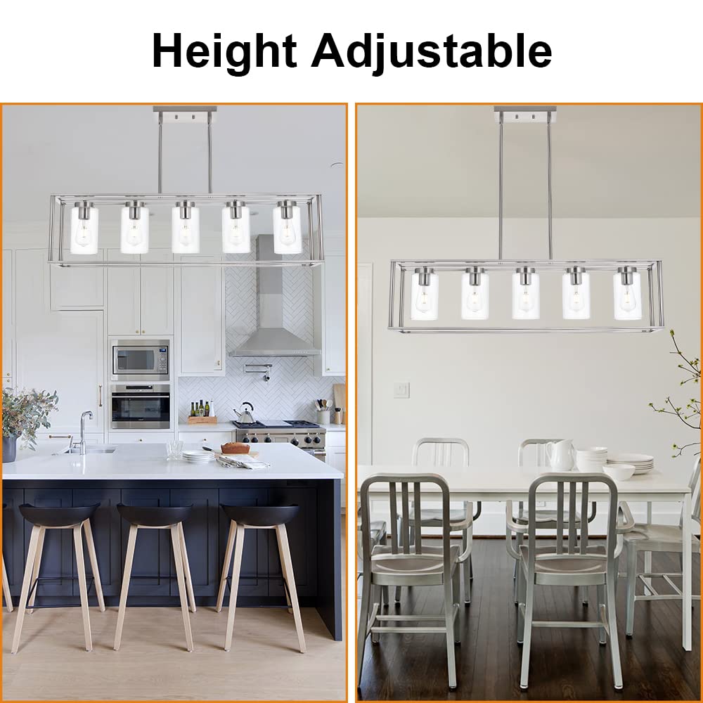 VINLUZ 5 Light Contemporary Chandeliers Brushed Nickel Metal Kitchen Island Pendant Light with Glass Shade, Model 1811-5-SN