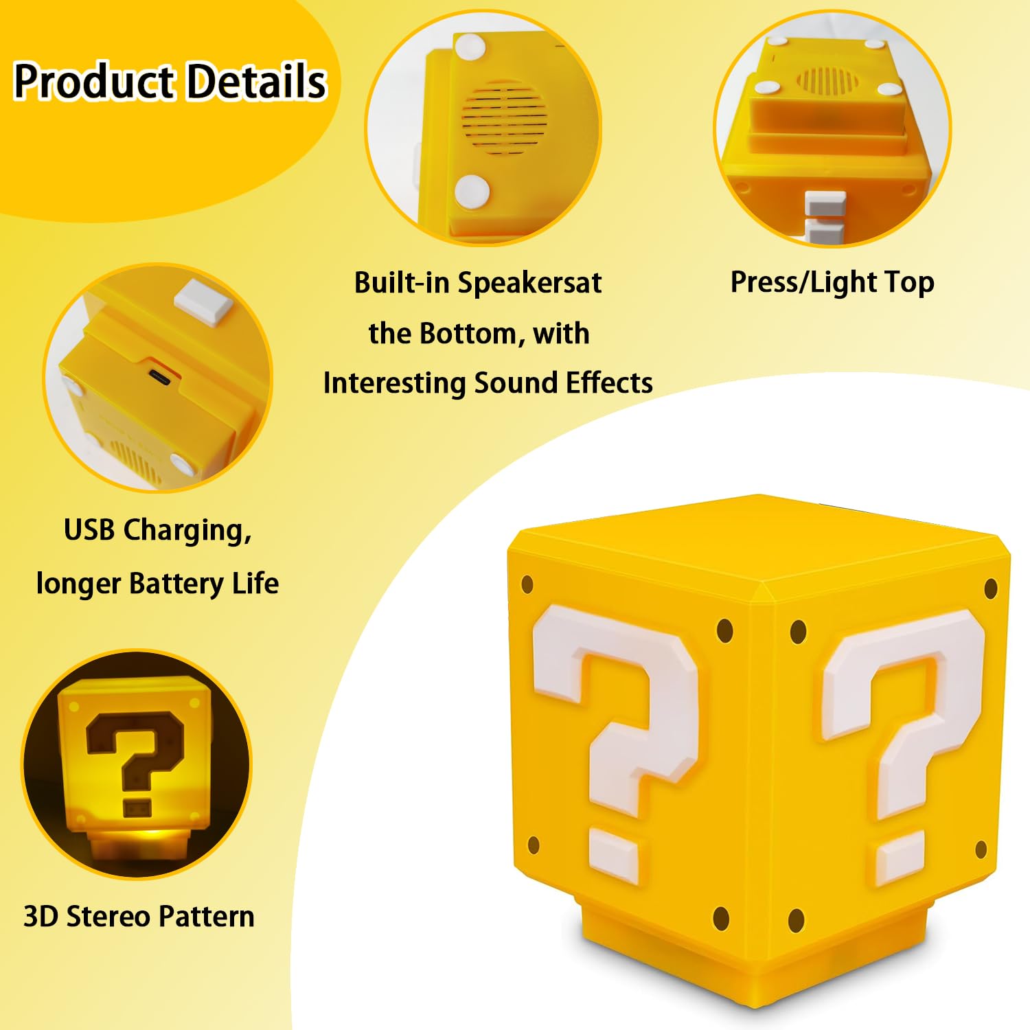 Tnokdy Super Bros Mini Night Light Question Block Toys Night Light For Kids Square Brick Usb Ith Game Sound Effects Lamp For Des