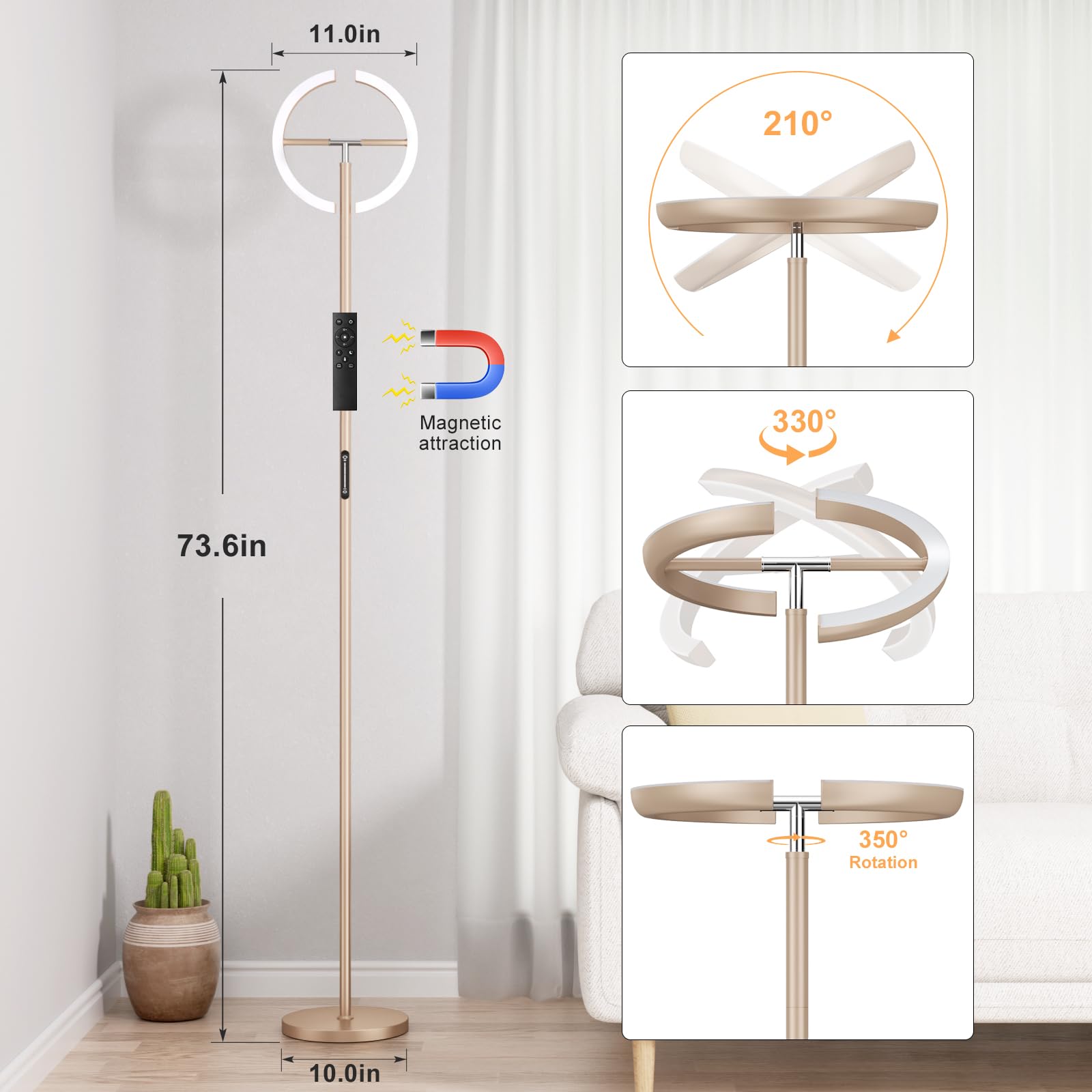 Preeotti Led Gold Floor Lamp - 73.6'' Standing Lamp With 2 Rotatable Lights, Remote & Touch Control, 36W Bright Stepless Dimmabl