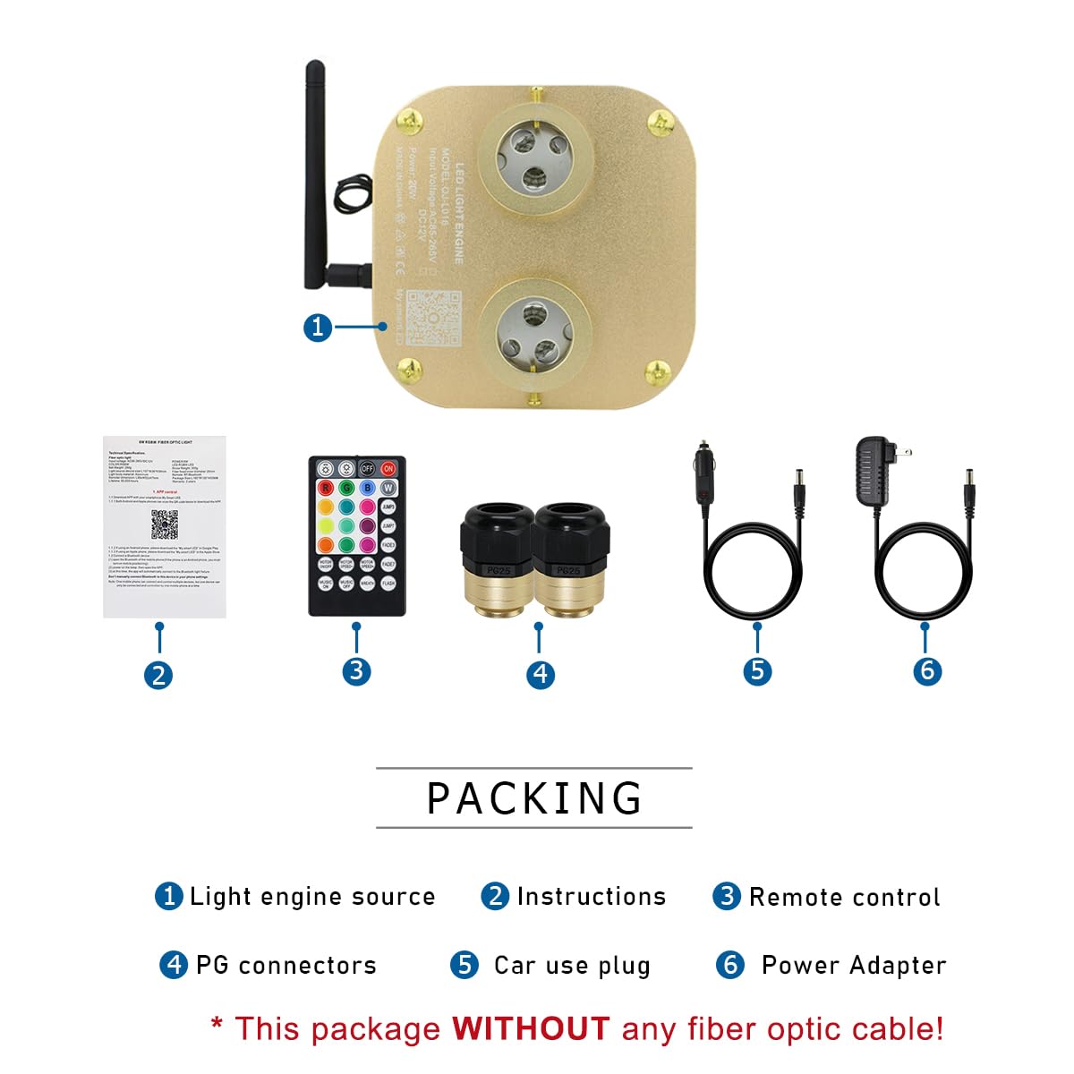 AKEPO 20W Dual-Head Twinkle Fiber Optic Light Box, APP Control, Music Activated, Gold/RGBW, Model QJ-L016