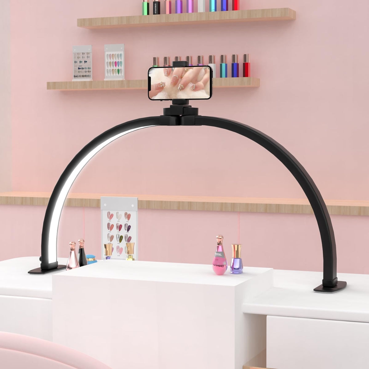 APTMAPT Half Moon Light for Nail Desk with Phone Holder 29In 38W Nail Lamp for Desk with Wire Controller Adjustable Color Temper