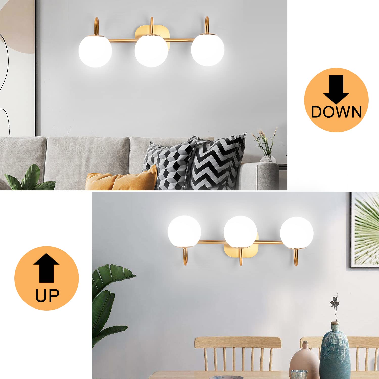 Zhuoer New Bathroom Vanity Light Fixtures 4-Lights Brushed Brass Frame And Milk White Glass Globe Shade Modern Wall Sconce Light