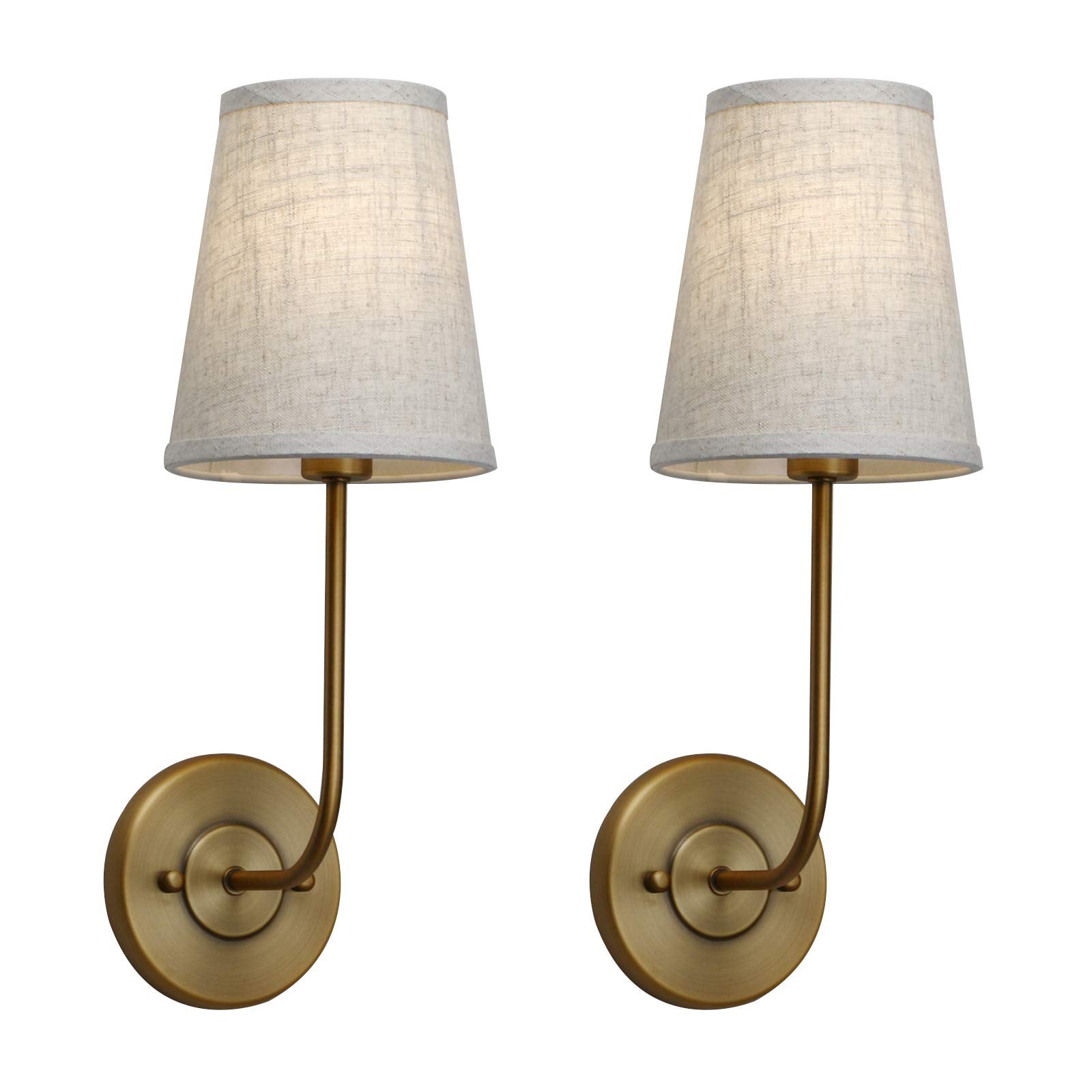PERMO Set of 2 Rustic Vintage Wall Sconce Light Fixture with Flared Funnel Linen Fabric Shade Nightstand Lamps for Bedrooms Beds