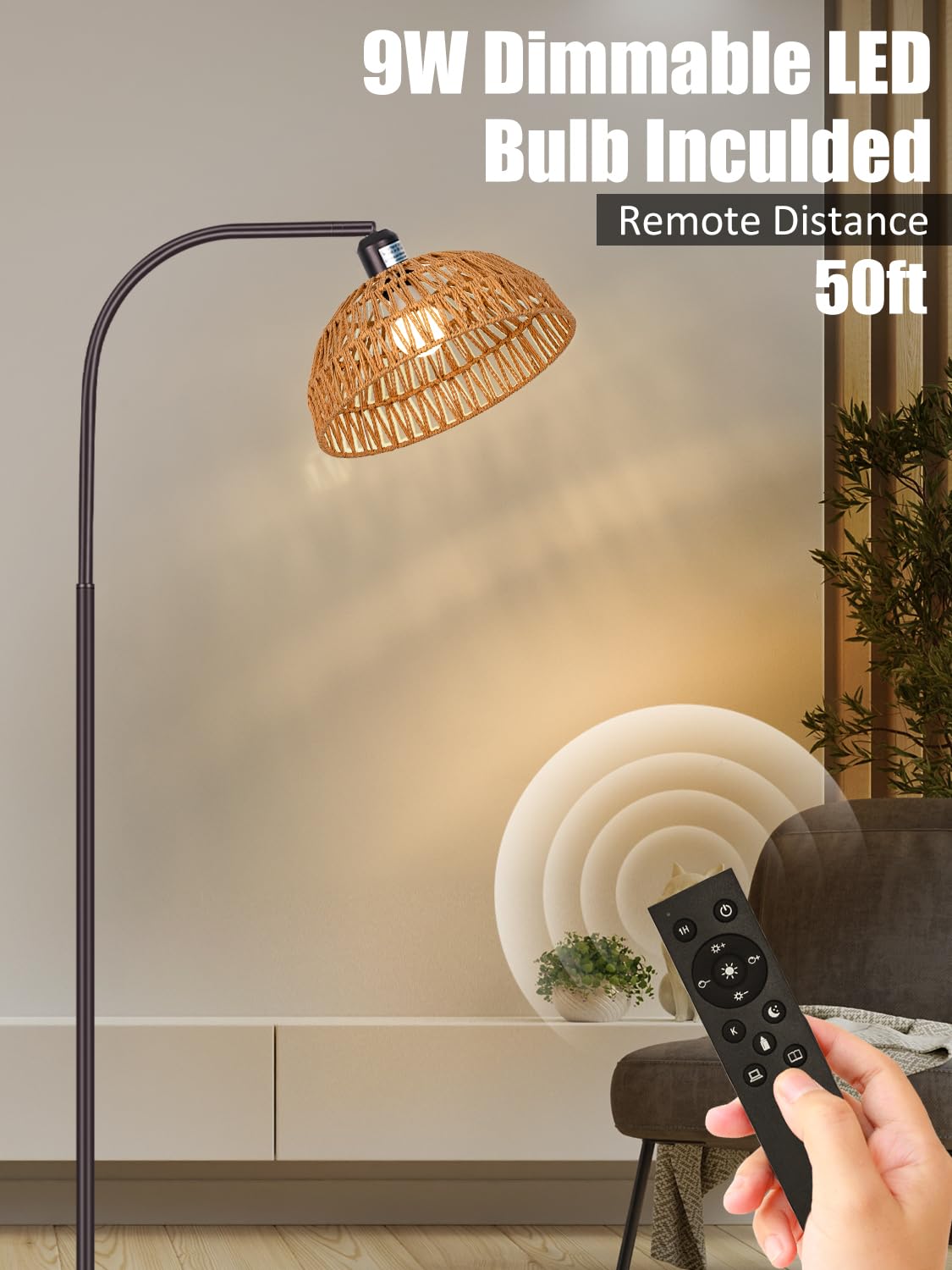 Boho Floor Lamp With Remote- Bronze Floor Lamps With Stepless Dimmable Bulb, Remote Control, Hand-Worked Adjustable Rattan Lamp Shades, Brown Rattan Standing Lamp For Living Room, Bedroom, Office