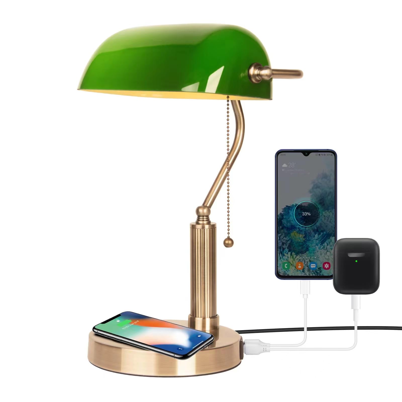 Firvre Green Glass Bankers Lamp With Usb & Wireless Charging, E26 Base, Traditional Design