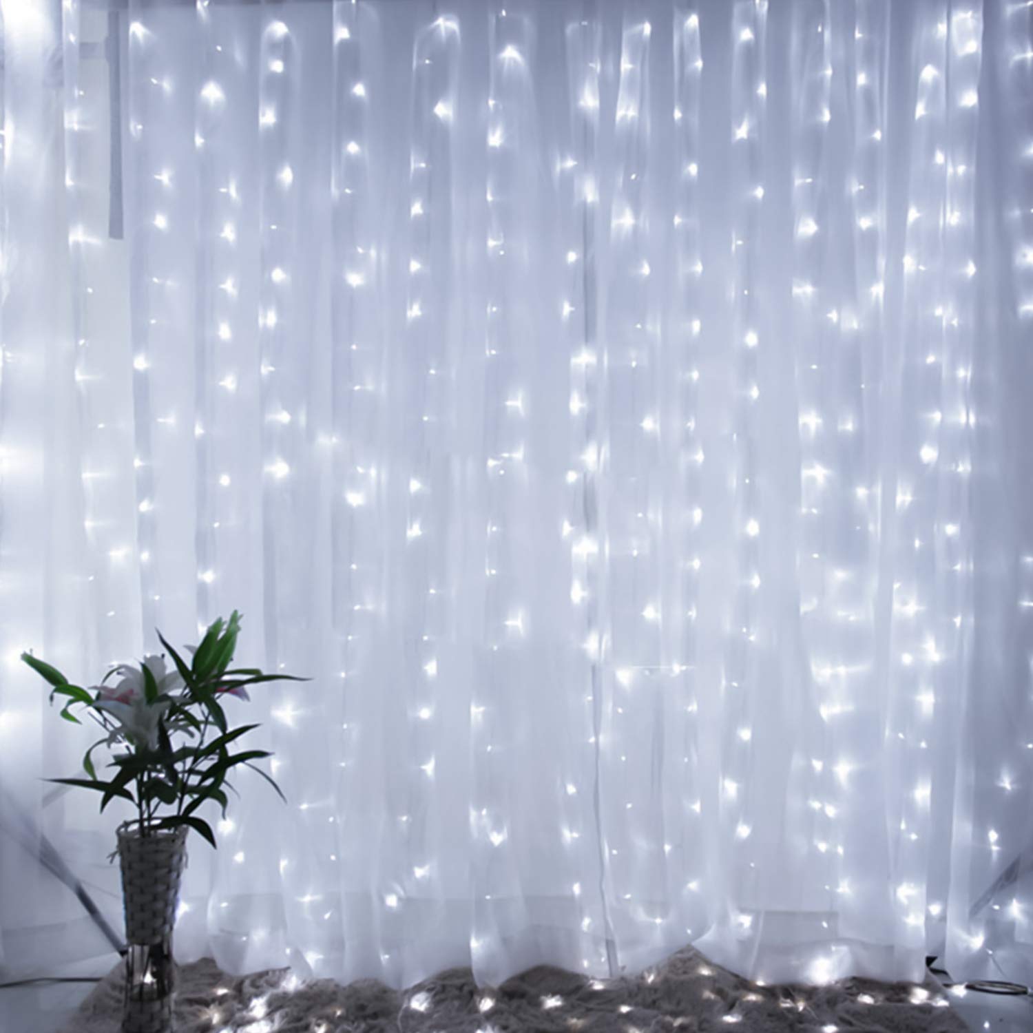 Brightown 600 LED Window Curtain Lights, 20ft Dimmable with Remote, 8 Modes, Pure White, Model DM-300