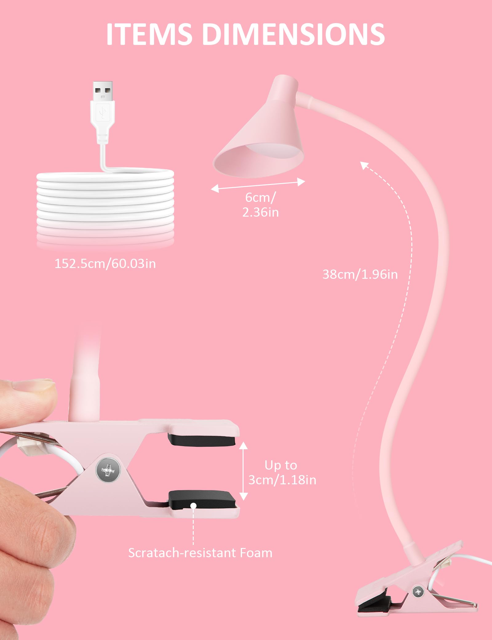 Lifmira Pink Small Desk Lamp Clip On Led Reading Light For Bed, 3 Color Modes 10 Dimmable Brightness, Book Light For Reading In