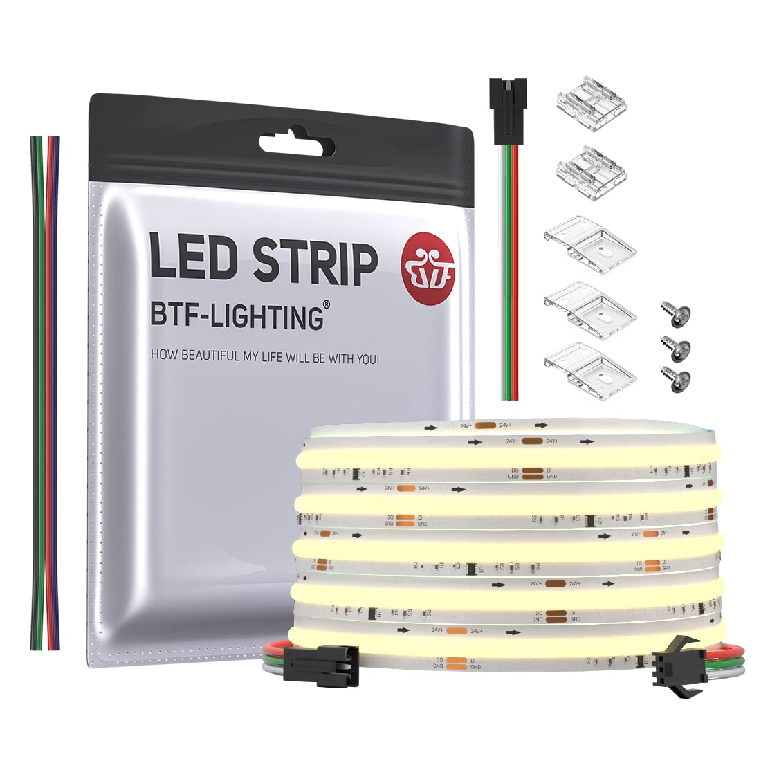 Btf-Lighting Fcob Cob Led Strip Addressable Ws2811 Ic 4000K Natural White Flexible High Density Uniform Chasing White Light 16.4Ft Dc24V Cri 90+ 360Led/M For Indoor Decor(No Adapter Or Controller)