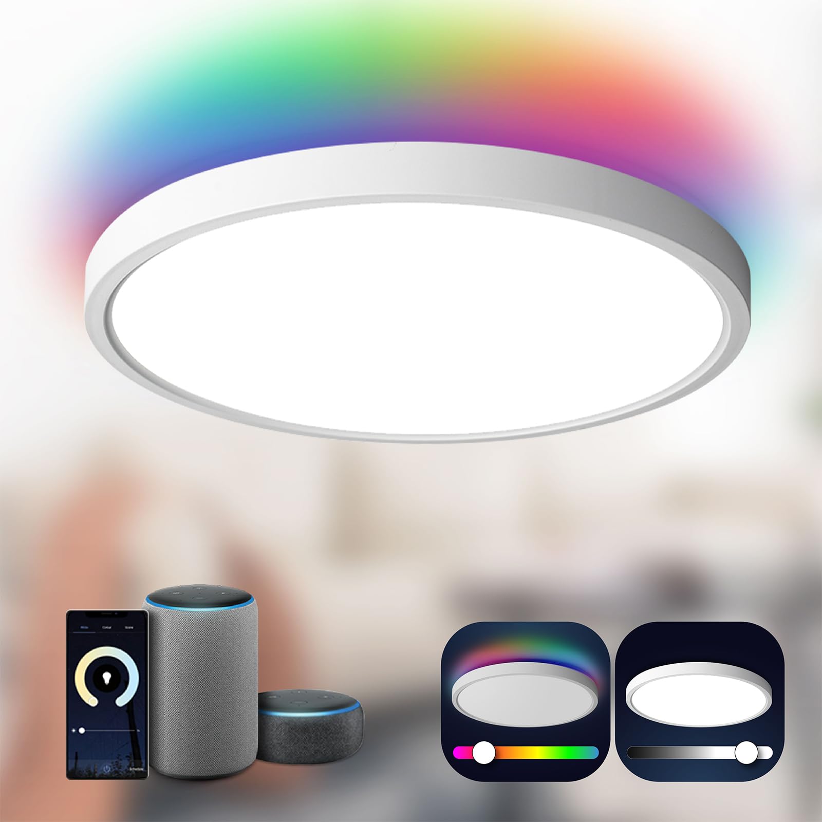 TALOYA Smart Ceiling Light Flush Mount LED, Dimmable, 12 Inch, RGB, White, Model WB3S