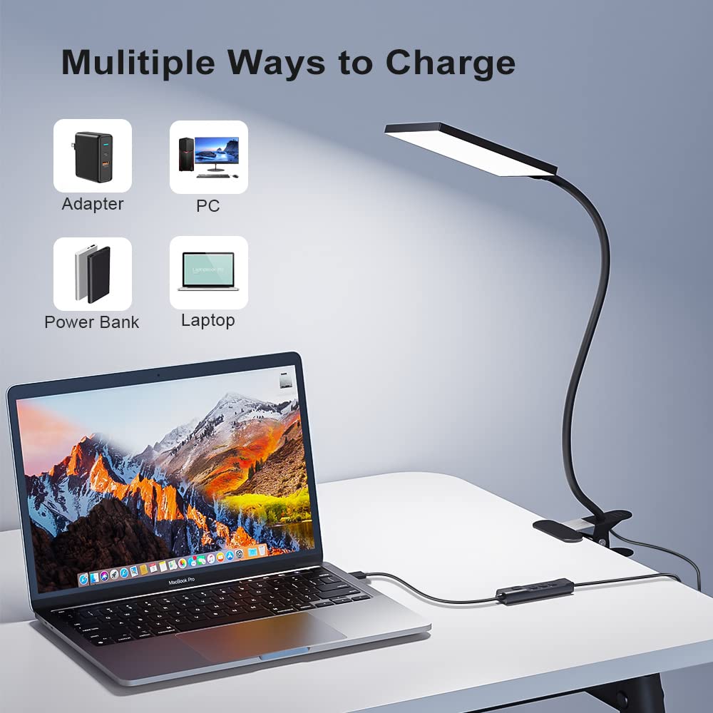 Mongery Led Desk Lamp With Clamp For Home Office, Dimmable Clip On Desk Light With Usb Port, 3 Color Modes 11 Brightness Flexible Gooseneck Reading Lamp For Studying Working, Black