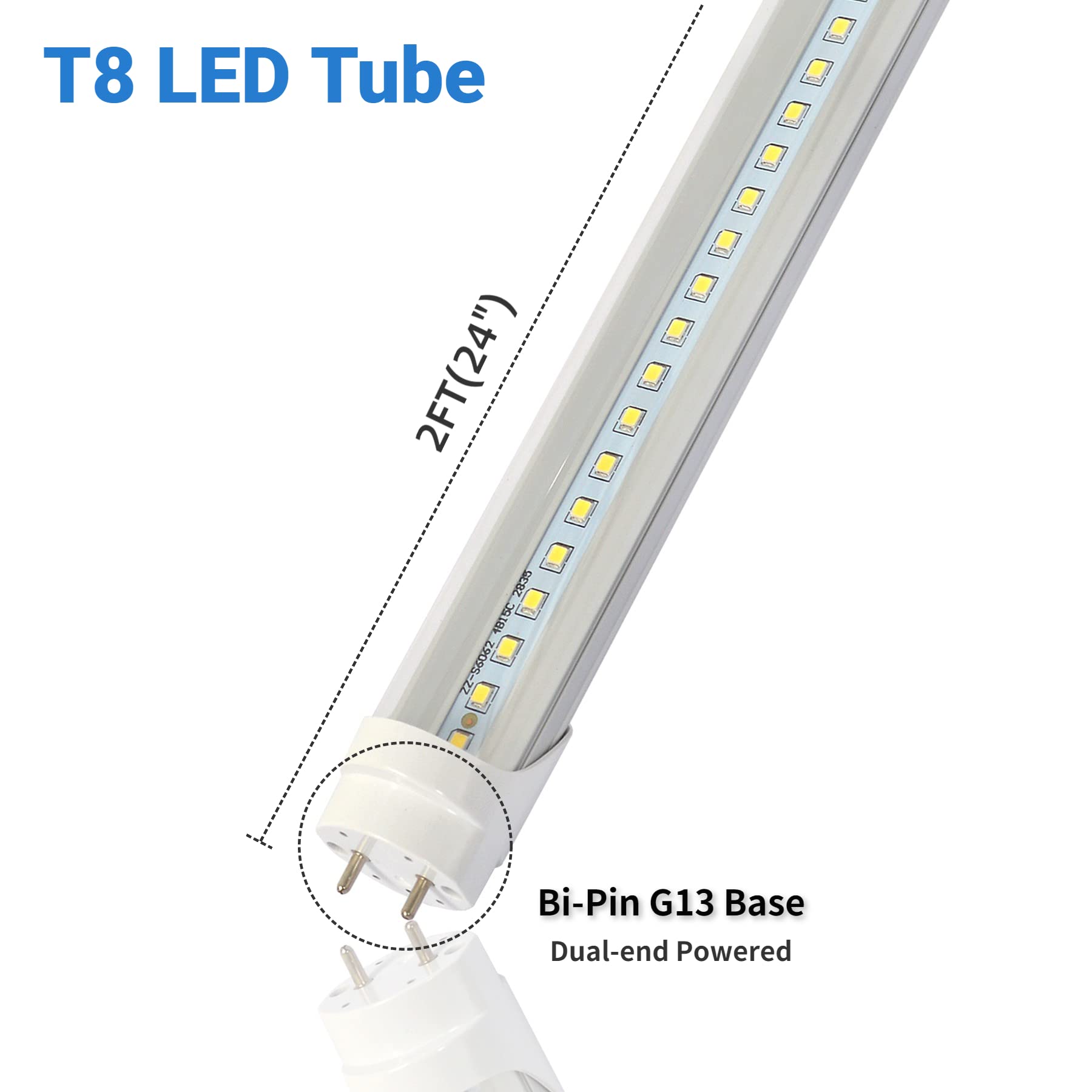 2Ft T8 Led Tube Light,12W(30W Equivalent), 1560Lm,Led Replacement F20T10 T20T12 Flourescent Tube,5000K, Dual Ended Power, Clear