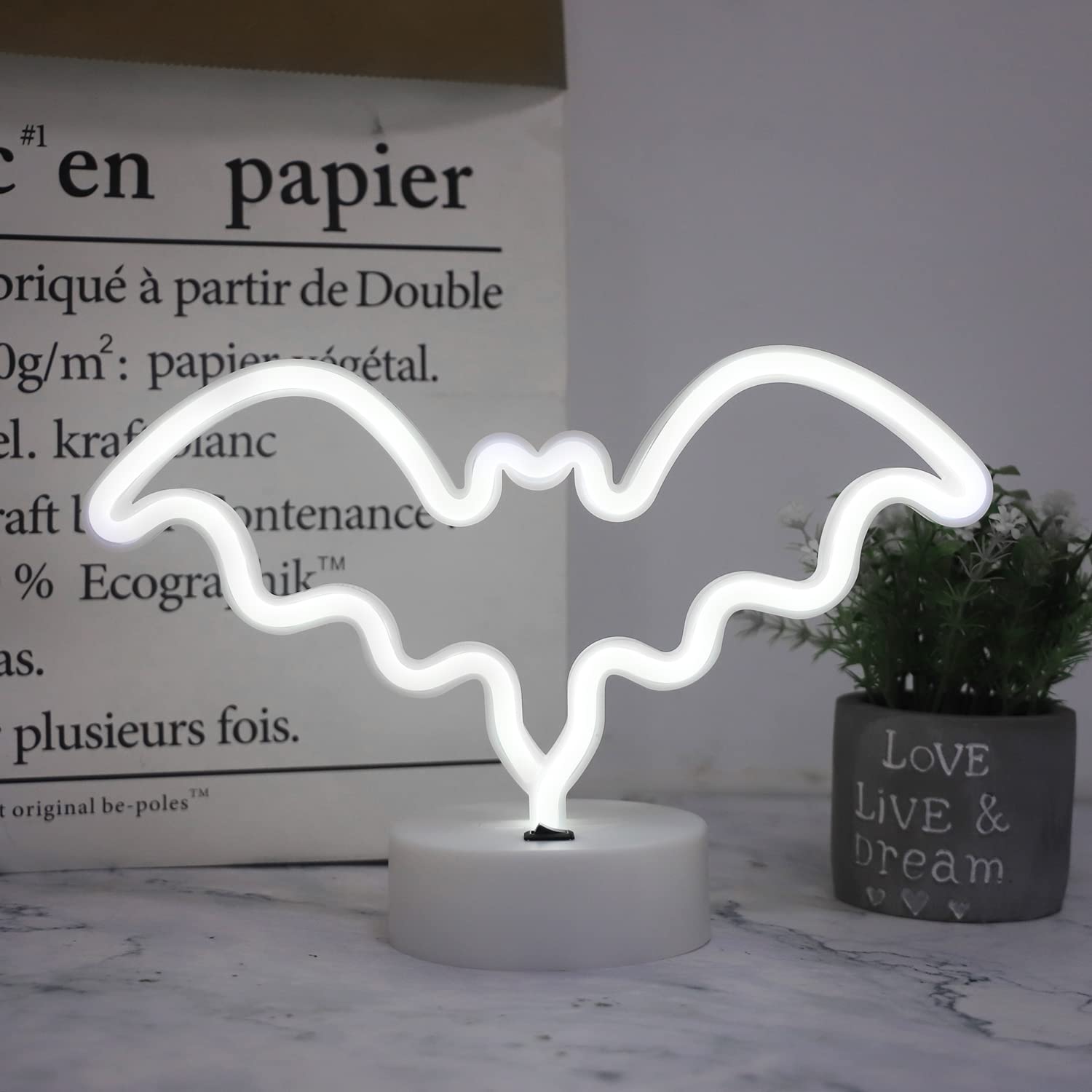 Led Neon Bat Lights Halloween Decorations, Bat Shape Neon Signs Night Lights Battery Operated Desk Table Lamp For Bedroom, Bar, Wall, Spooky Decor-Bat With Holder Base(White)