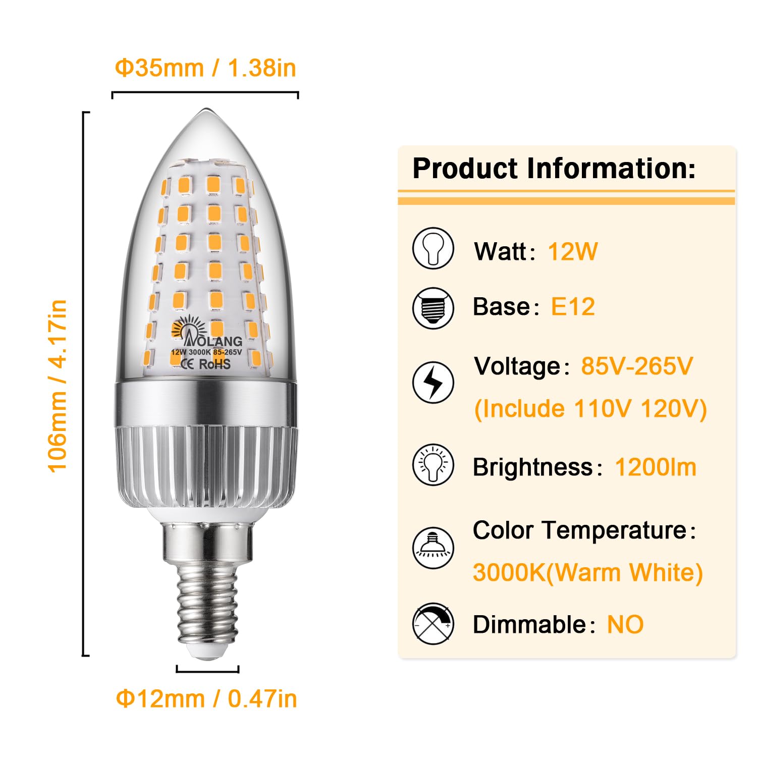 Aolang E12 Led Candelabra Bulb, 12W Led Candle Bulbs,100-Watt Light Bulbs Equivalent, Warm White 3000K Chandelier Bulbs, E12 Can