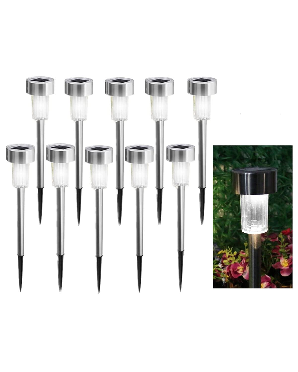 NEWOTE 10PCS White LED Outdoor Steel Garden Solar Powered Landscape Light Lamp Yar Pathway Stake Lights