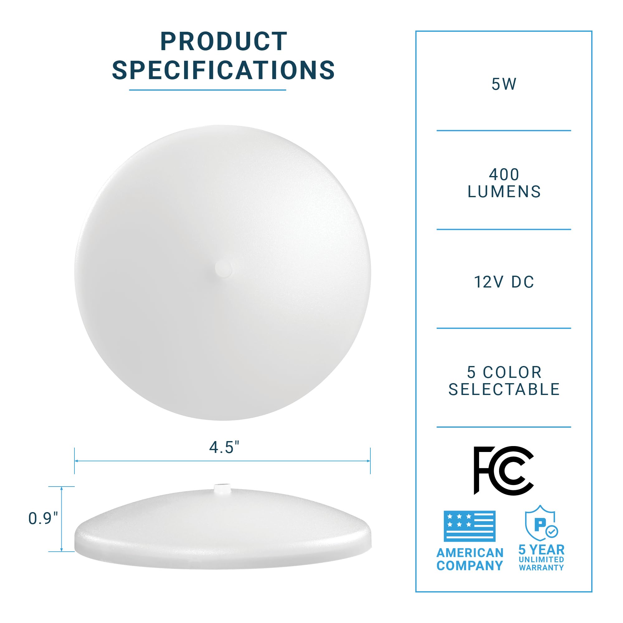Parmida LED RV Dome Ceiling Lights, 12 Pack, 5CCT Dimmable, Surface Mount, 4.5 Inch, Metal, 5W, Damp Location, Model PLED